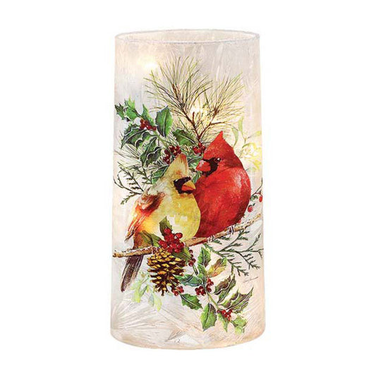 Winter Cardinal Couple Pre-Lit Glass - Cylinder with White Rim