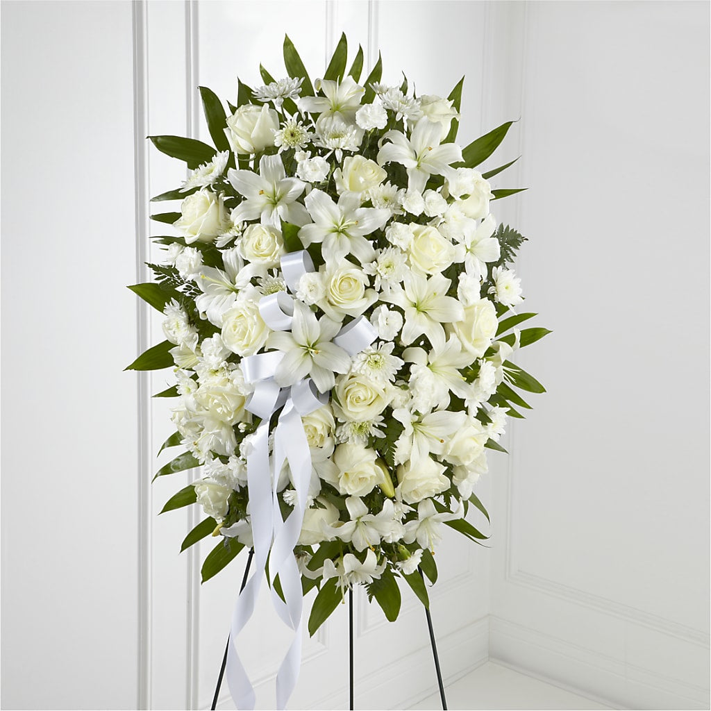 Exquisite Tribute Standing Spray-White Ribbon – FLOWERS BY DICK & SON INC, Akron OH