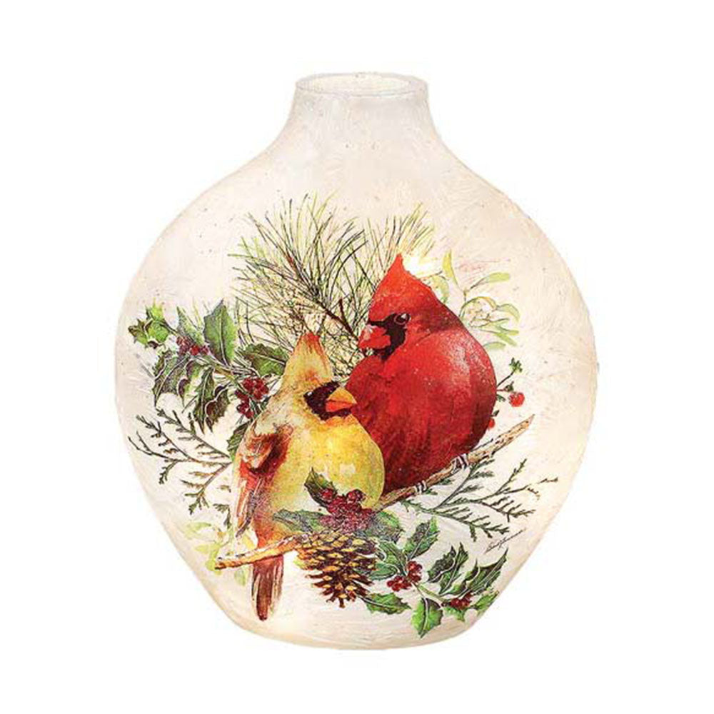 Winter Cardinal Couple Pre-Lit Glass - Nesting Scene