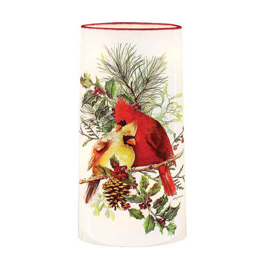 Winter Cardinal Couple Pre-Lit Glass - Cylinder with Red Rim