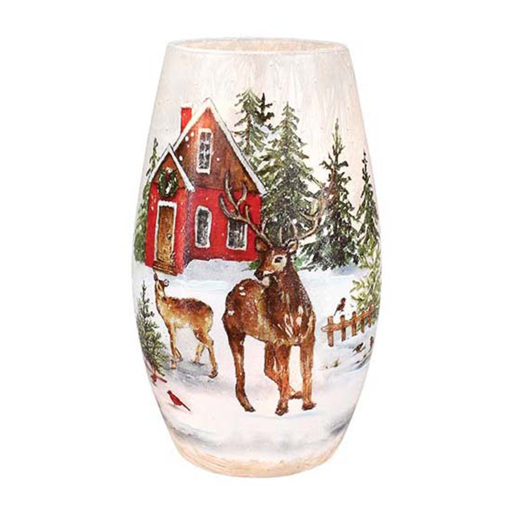 Reindeer Visit Pre-Lit Medium Vase - Farmhouse Scene