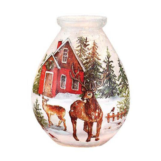 Reindeer Visit Pre-Lit Small Glass - Farmhouse Scene