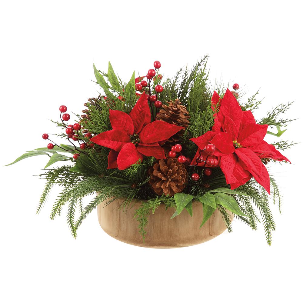 22inch Poinsettia, Berry & Pine Arrangement in Wood Pot