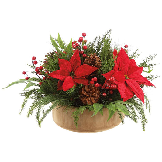 22inch Poinsettia, Berry & Pine Arrangement in Wood Pot